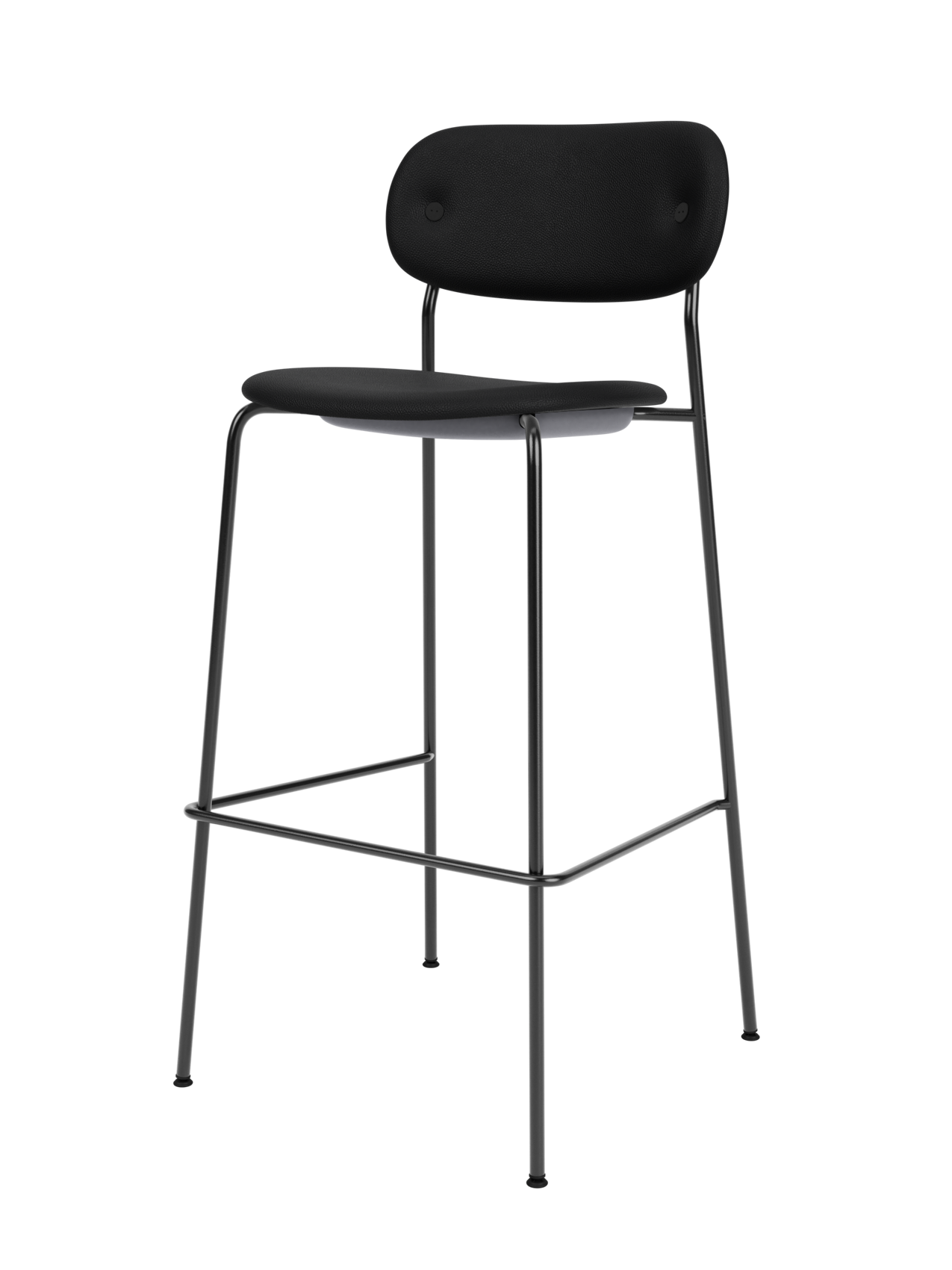 Fully upholstered black Co Bar Chair featuring Sierra leather and a slender black powder-coated steel frame.