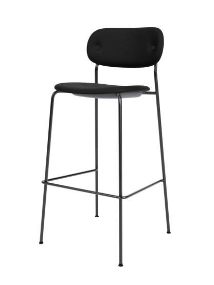 Fully upholstered black Co Bar Chair featuring Sierra leather and a slender black powder-coated steel frame.