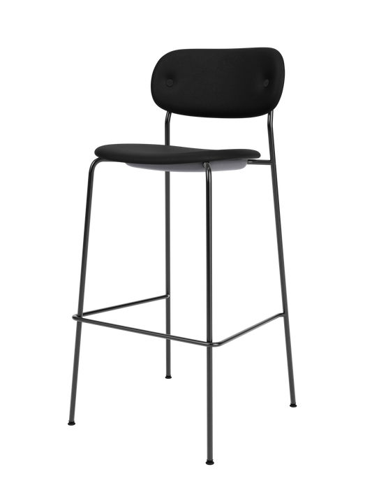 Fully upholstered black Co Bar Chair featuring Sierra leather and a slender black powder-coated steel frame.
