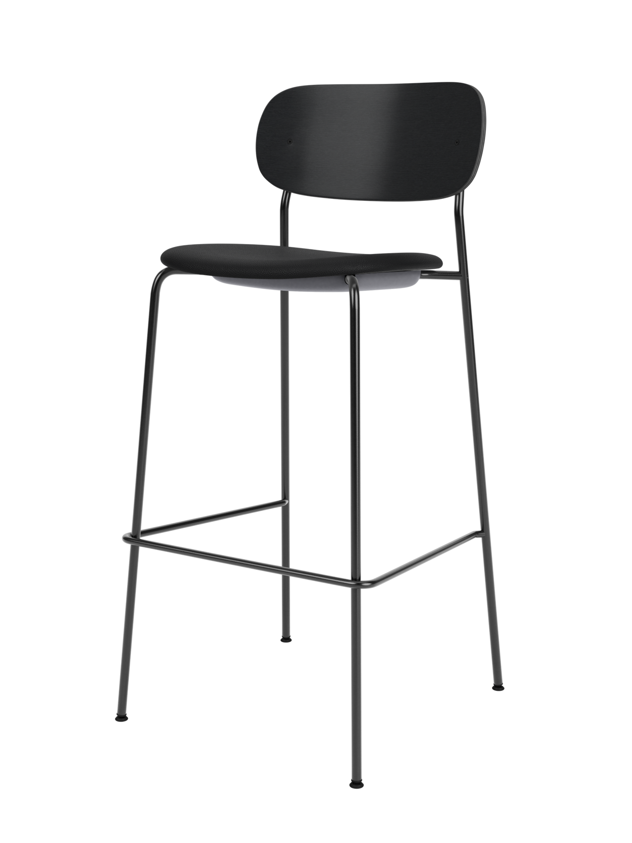 Black Co Bar Chair with an upholstered seat, black oak backrest and a slender black steel frame with footrest.