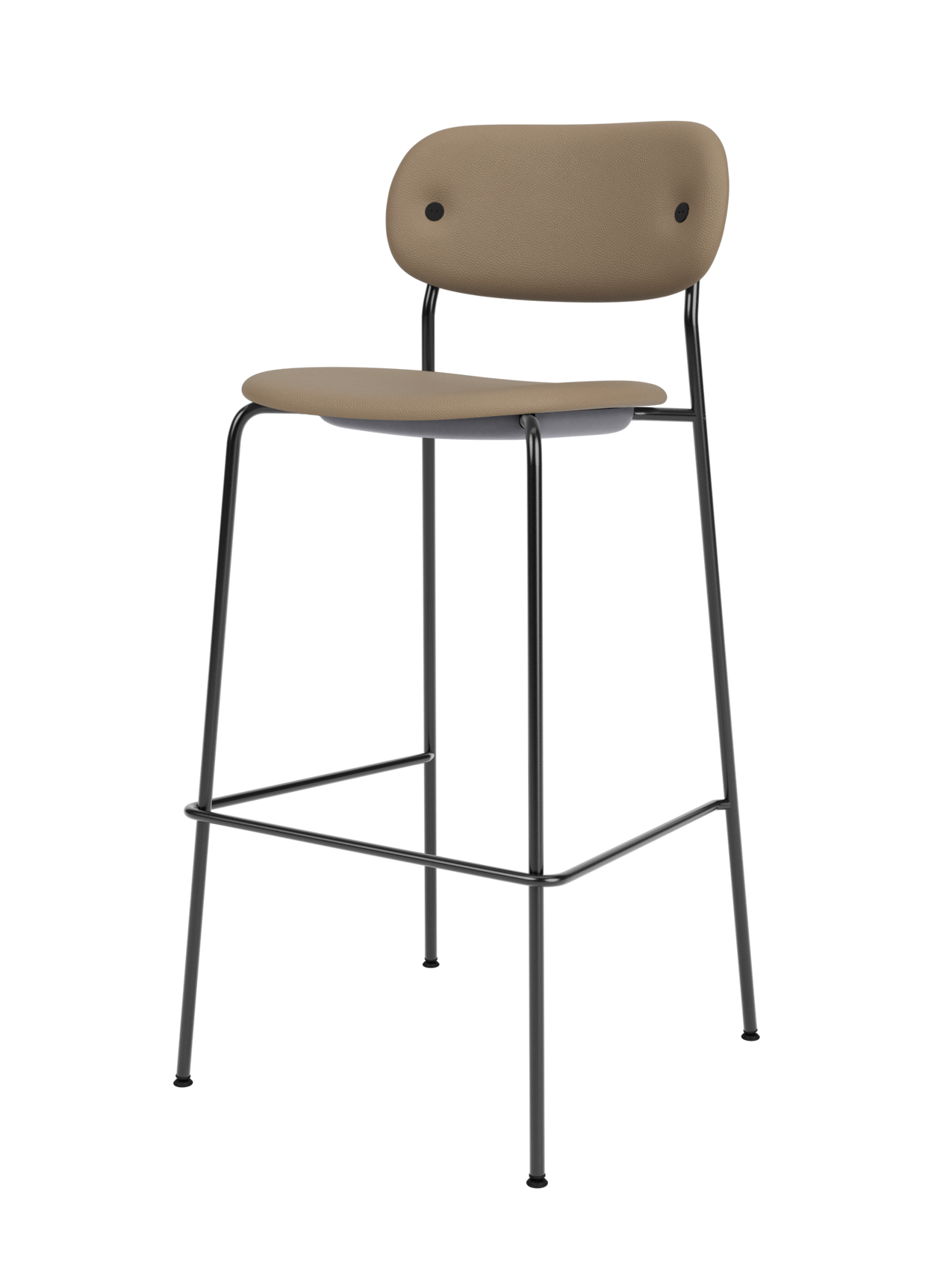 Fully upholstered Co Bar Chair in Sierra 1611 tan leather with a minimalist black tubular steel frame and footrest.
