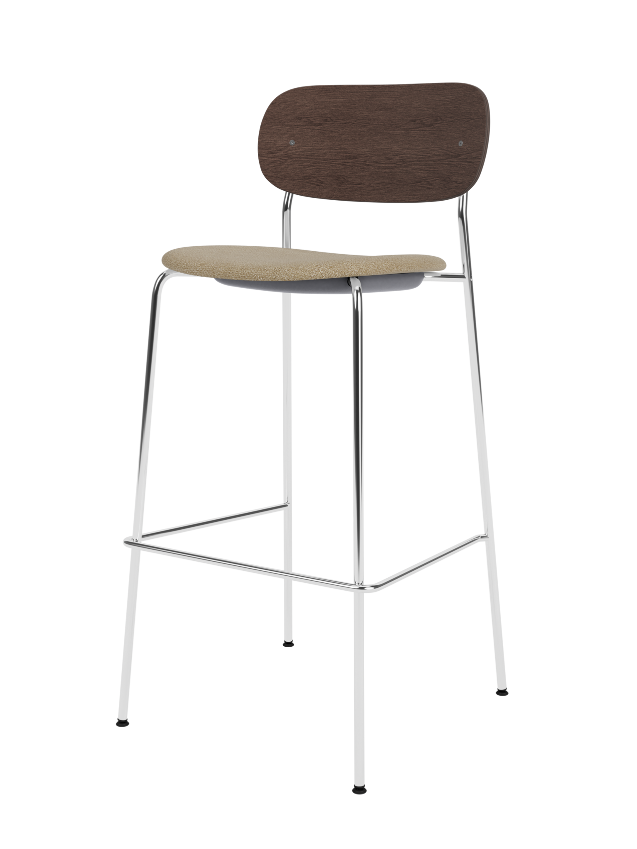Co Bar Chair featuring a dark stained oak back and beige bouclé upholstered seat on a slender chrome frame.