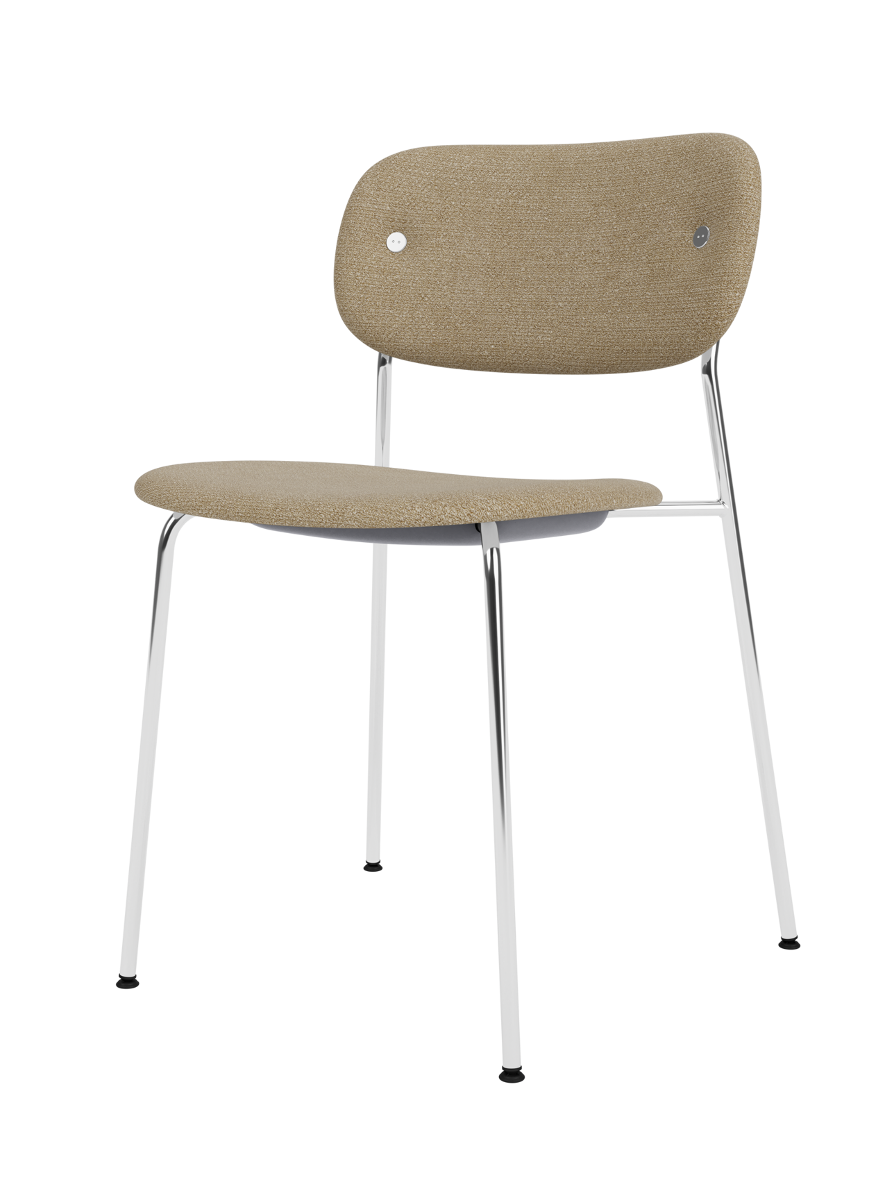 Fully upholstered Co Dining Chair featuring tan Audo Bouclé 02 fabric and a sleek chrome steel frame.