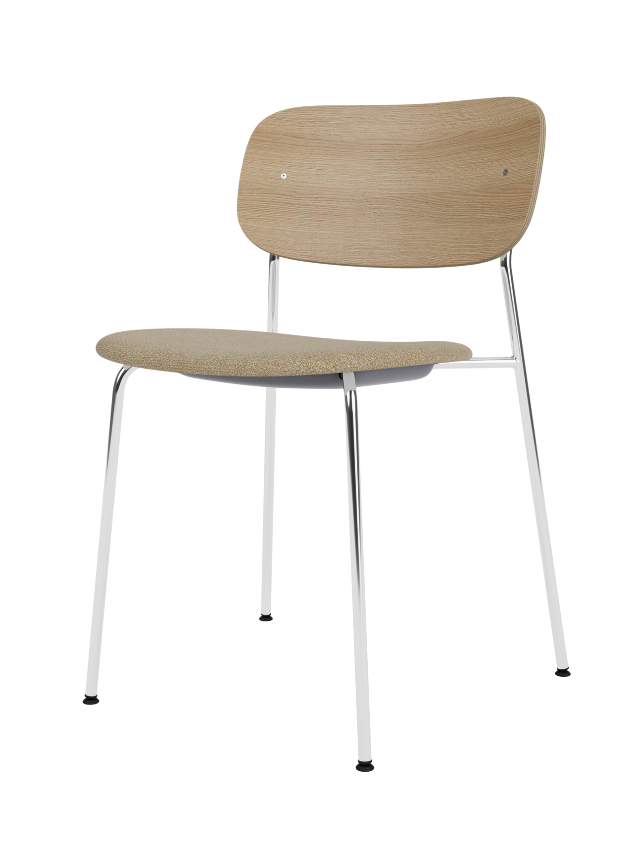 Co Dining Chair featuring a natural oak backrest, bouclé upholstered seat and sleek chrome frame.