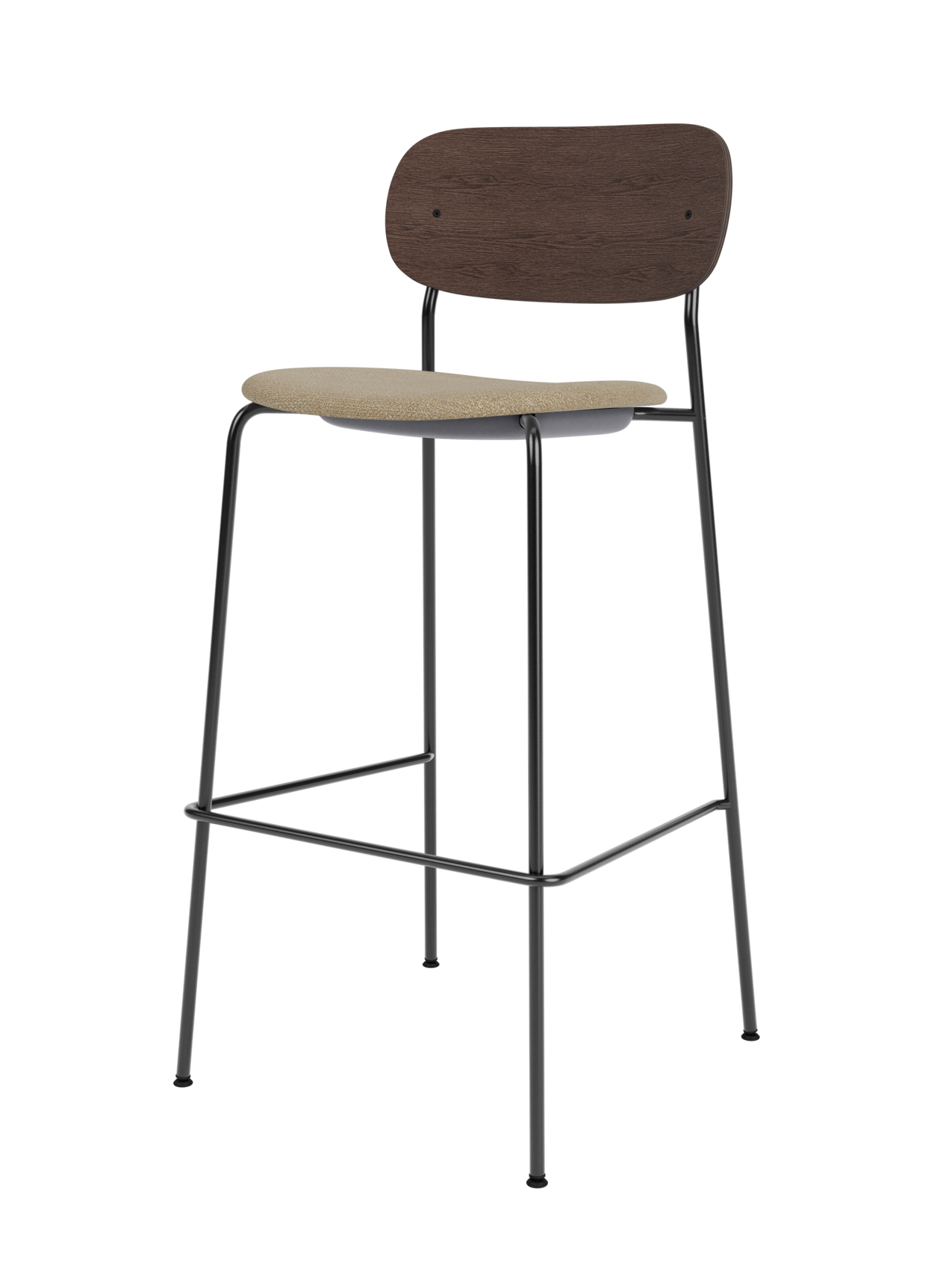 Co Bar Chair featuring a beige bouclé upholstered seat, dark stained oak backrest and a slender black steel frame.