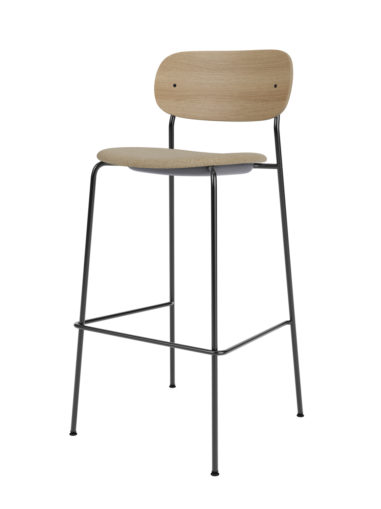 Co Bar Chair with a natural oak backrest and Audo Bouclé 02 upholstered seat on a slender black steel frame.