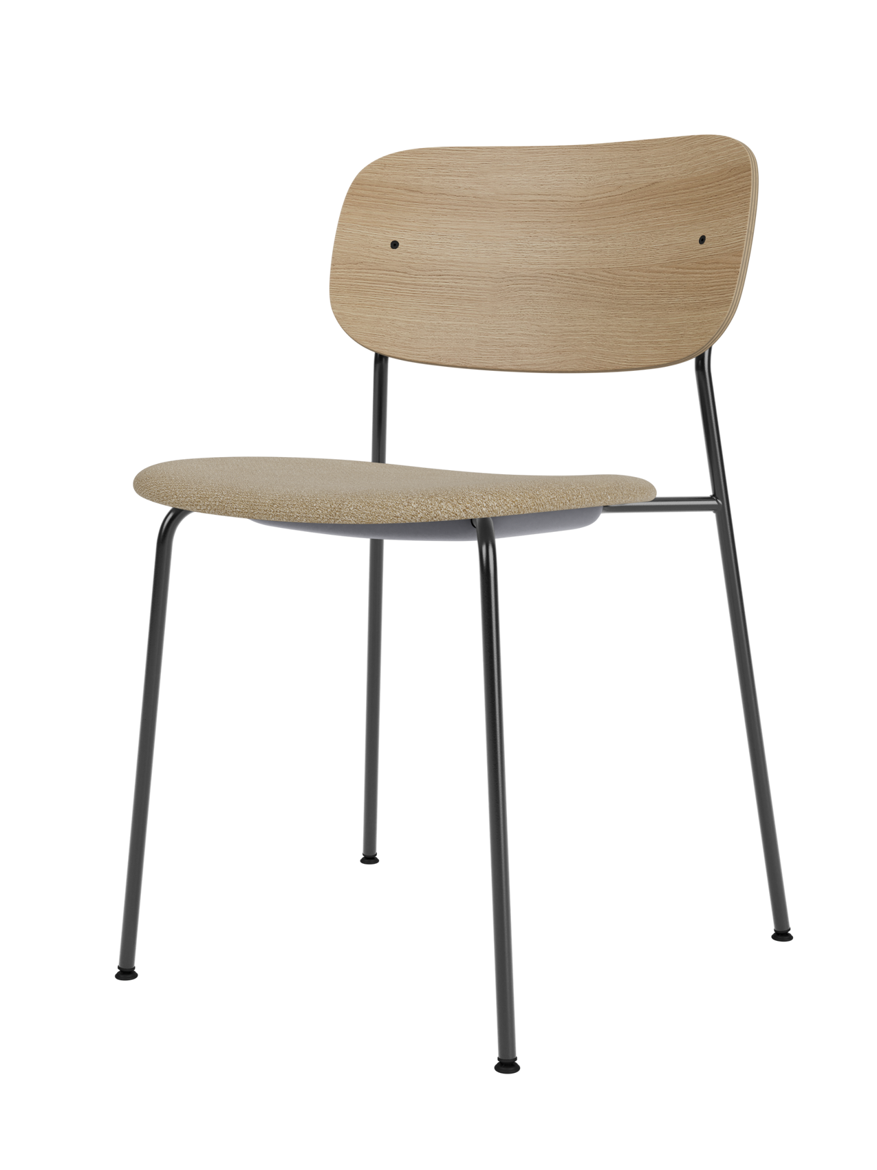 Co Dining Chair with black metal frame, natural oak backrest and beige boucle upholstered seat on a white background.