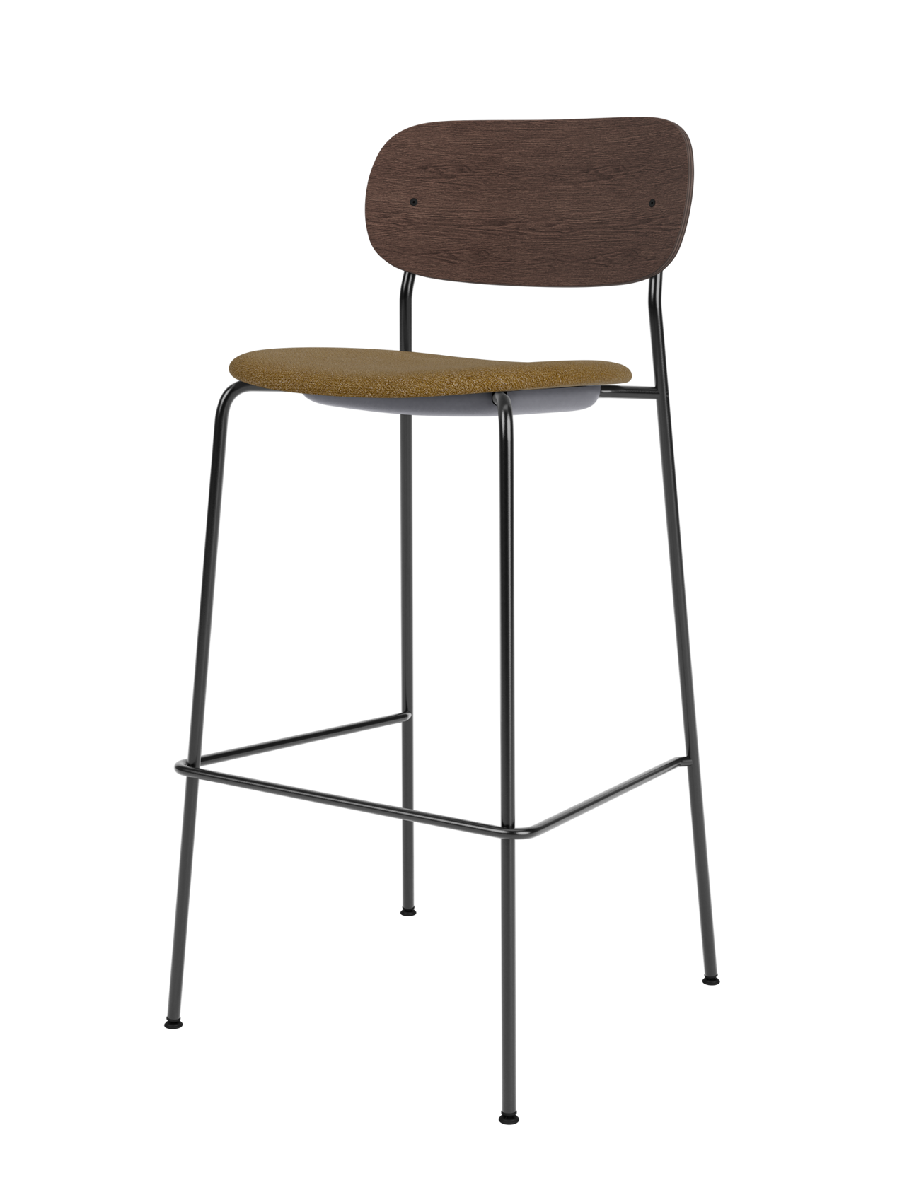 Co Bar Chair with a dark stained oak back and Audo Bouclé 06 upholstered seat on a slender black steel frame.