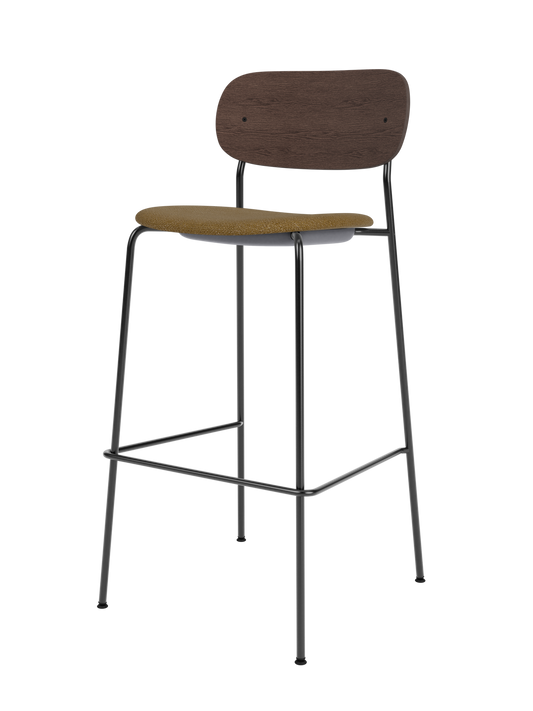 Co Bar Chair with a dark stained oak back and Audo Bouclé 06 upholstered seat on a slender black steel frame.