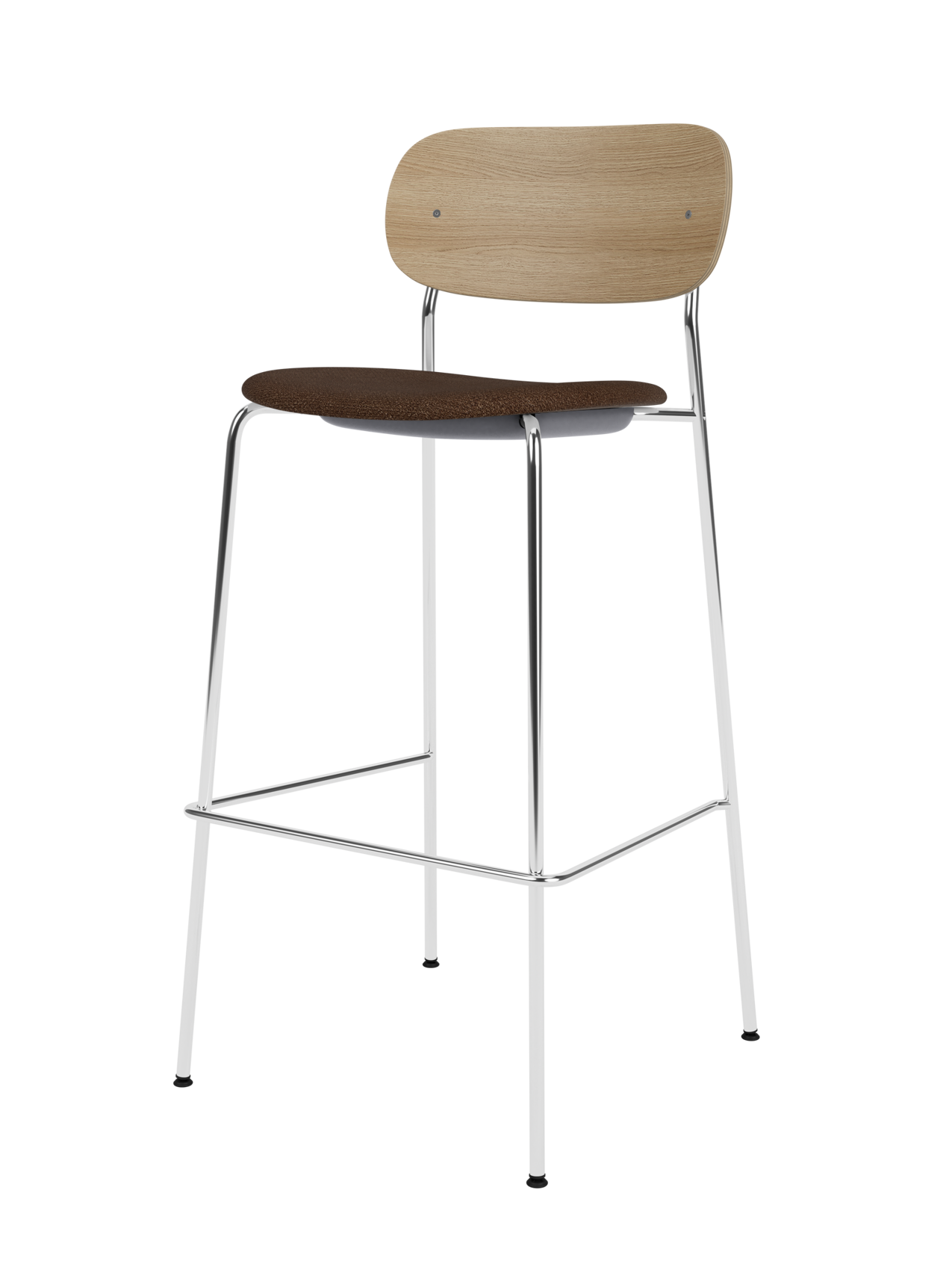 Co Bar Chair with natural oak backrest and black bouclé seat on a slender chrome frame.
