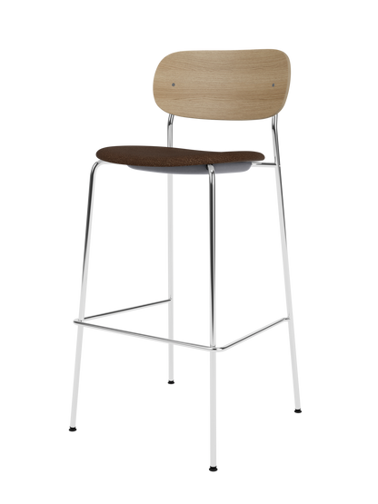 Co Bar Chair with natural oak backrest and black bouclé seat on a slender chrome frame.