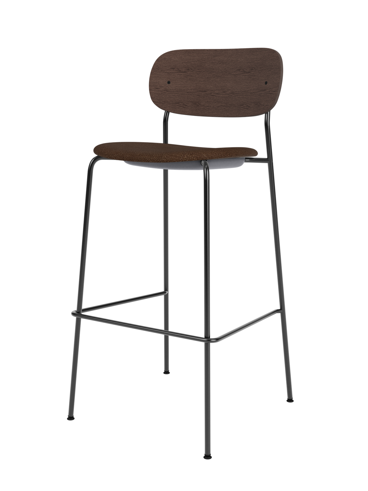 Co Bar Chair with a dark stained oak back and Audo Bouclé 07 upholstered seat on a slender black steel frame.