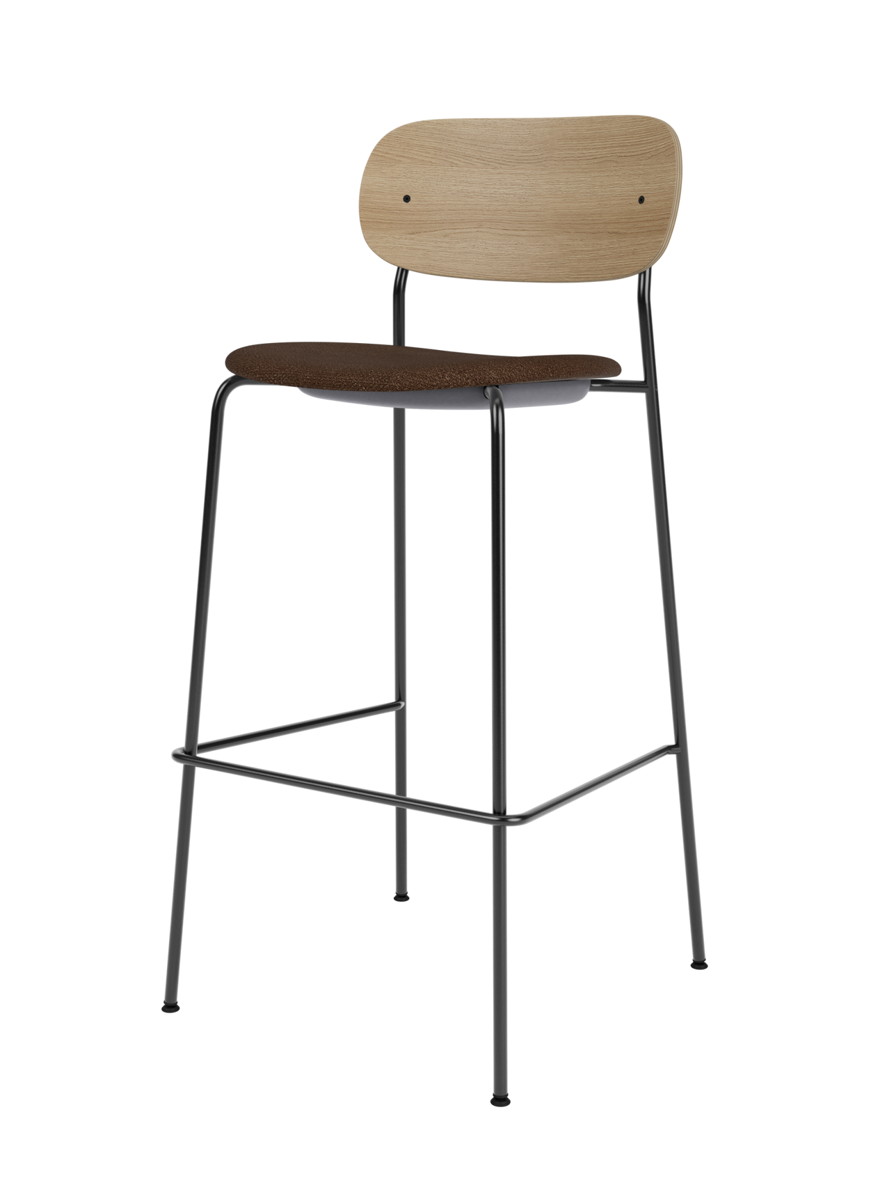 Co Bar Chair featuring a natural oak backrest and black bouclé upholstered seat on a slender black steel frame.