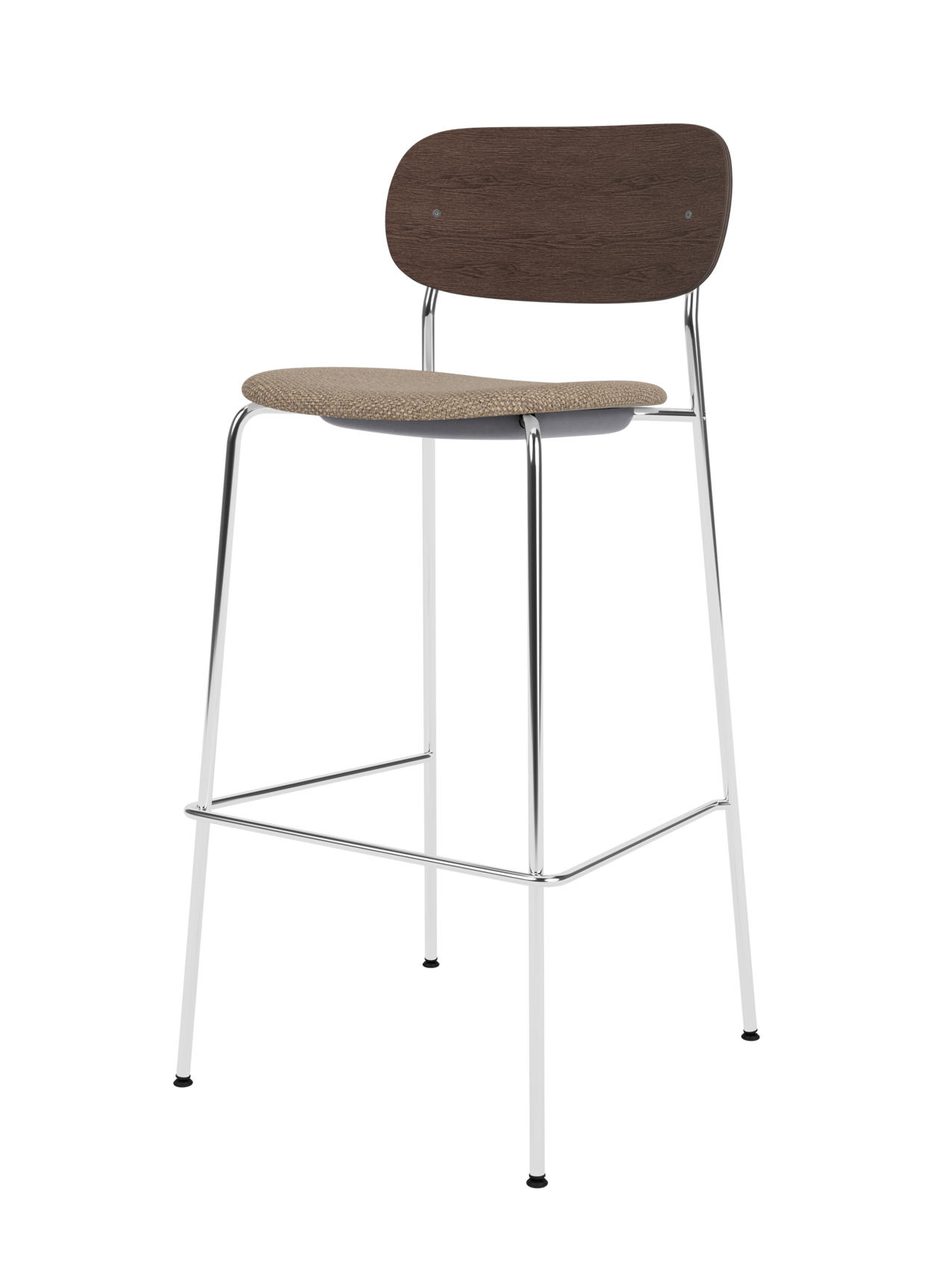 Co Bar Chair with dark stained oak back, textured Logan Flint seat and a slender polished chrome frame.