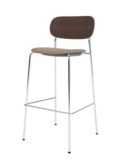 Co Bar Chair with dark stained oak back, textured Logan Flint seat and a slender polished chrome frame.