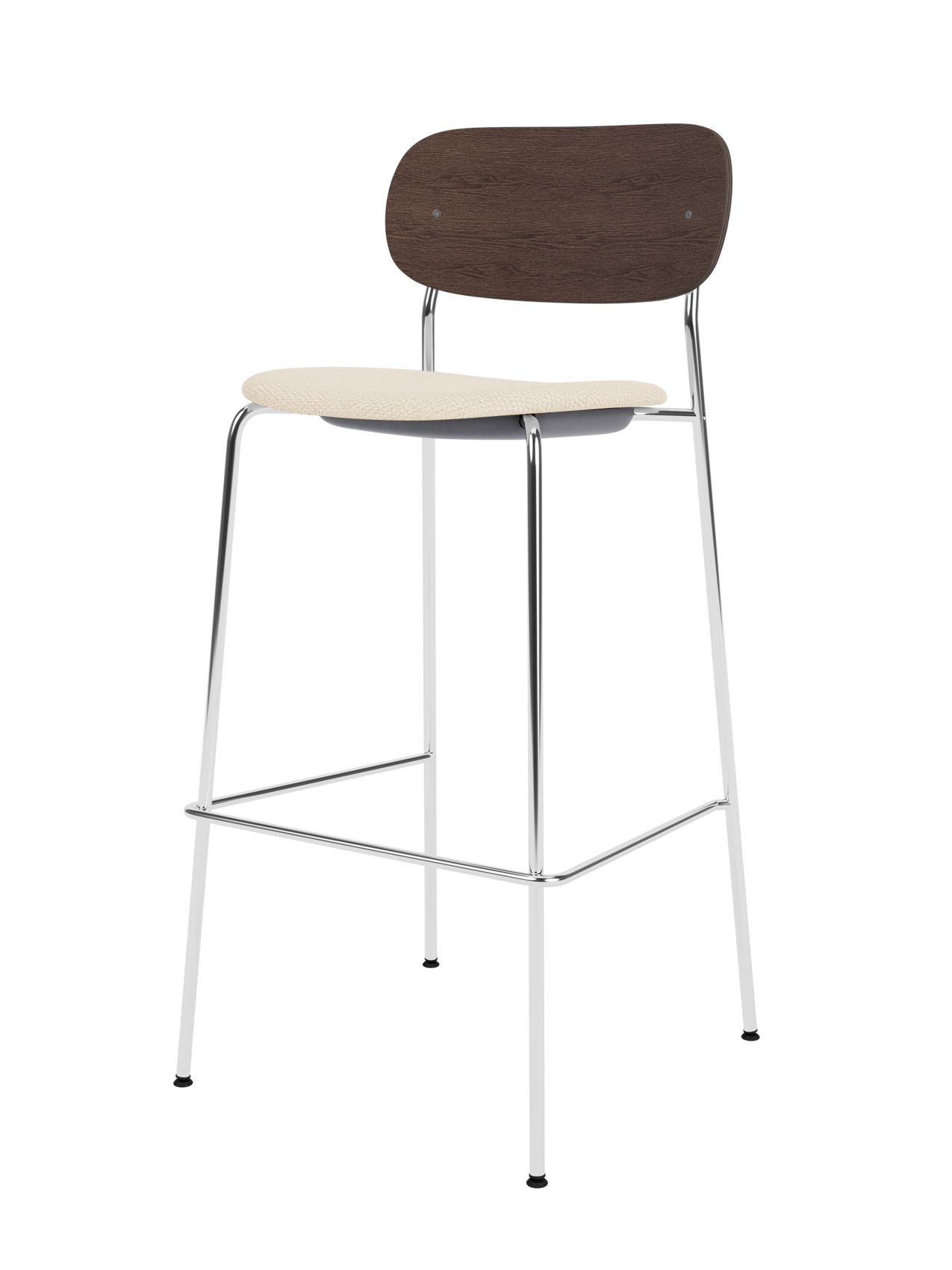 Co Bar Chair with chrome frame, dark stained oak backrest and light Logan Jasmine upholstered seat.