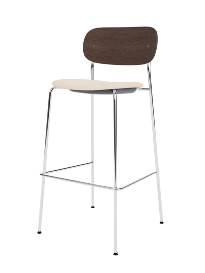 Co Bar Chair with chrome frame, dark stained oak backrest and light Logan Jasmine upholstered seat.
