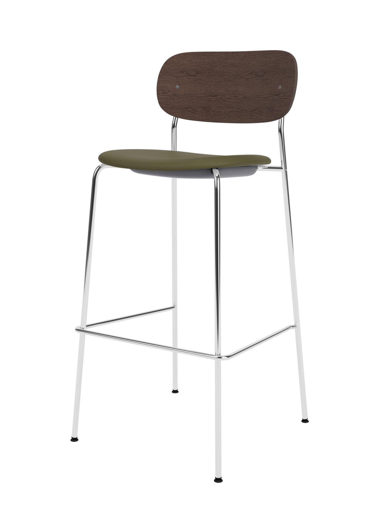 Co Bar Chair featuring a dark stained oak back and olive green upholstered seat on a slender chrome frame.