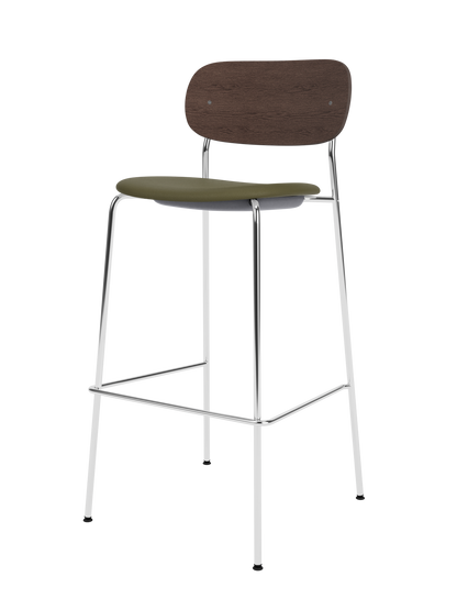 Co Bar Chair featuring a dark stained oak back and olive green upholstered seat on a slender chrome frame.
