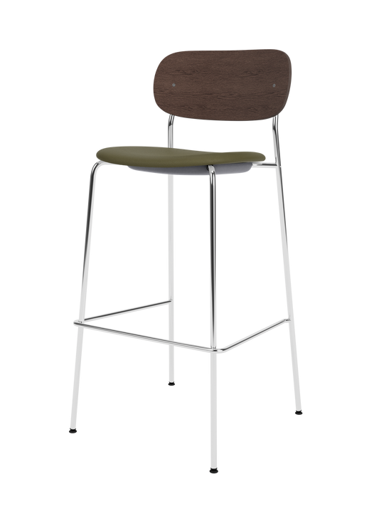 Co Bar Chair featuring a dark stained oak back and olive green upholstered seat on a slender chrome frame.