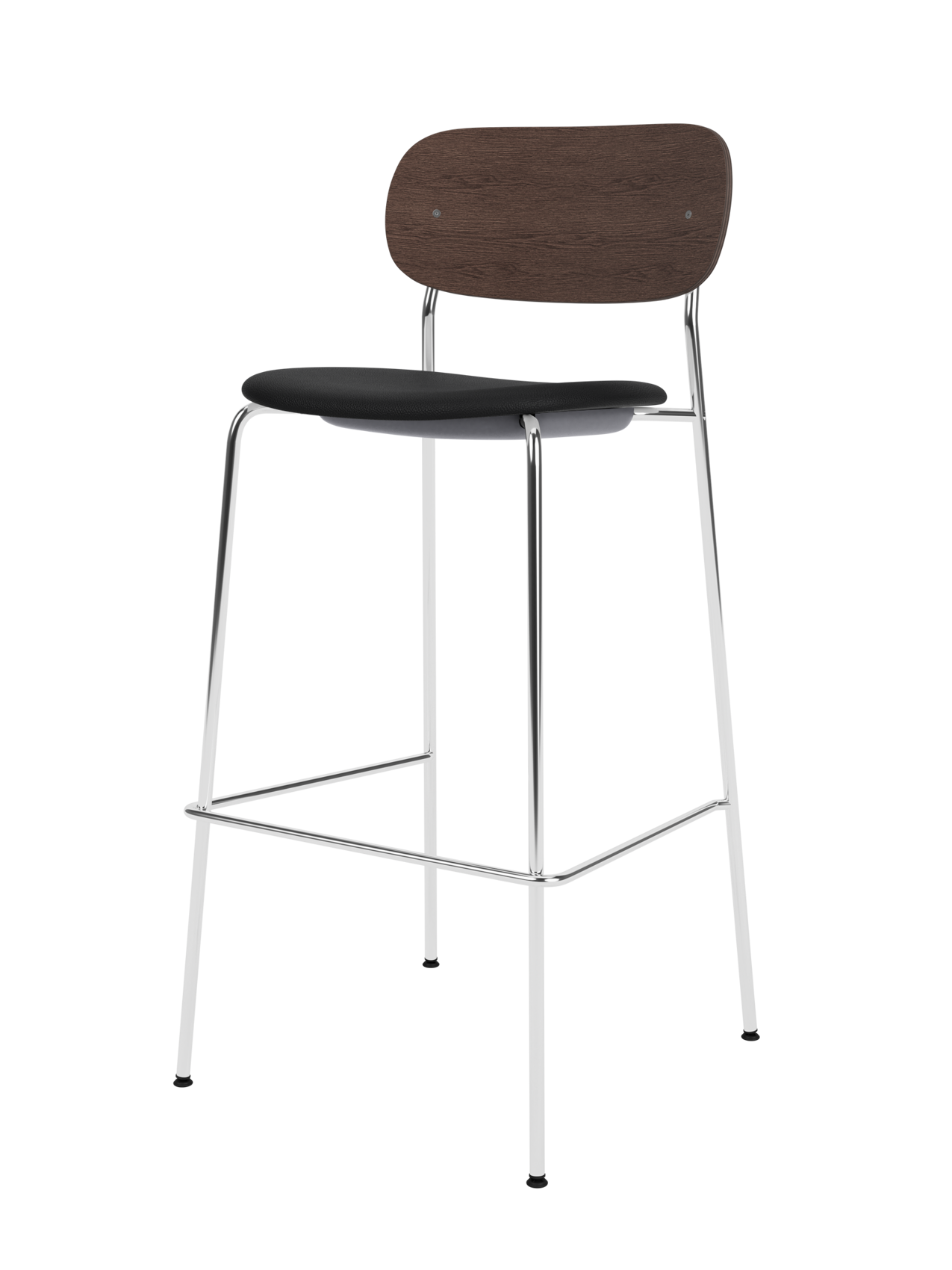Co Bar Chair featuring a slender chrome frame, dark stained oak backrest and a black Sierra upholstered seat.