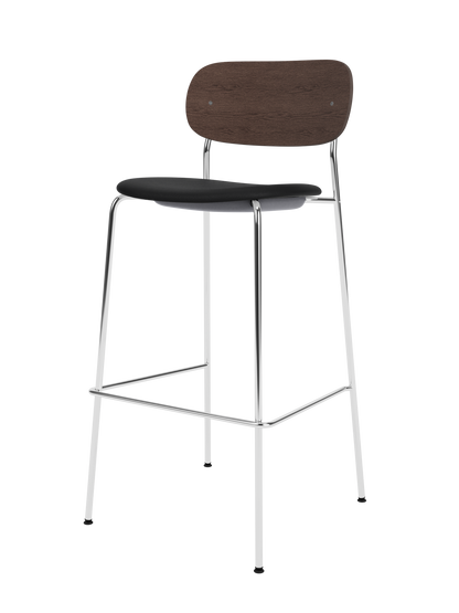 Co Bar Chair featuring a slender chrome frame, dark stained oak backrest and a black Sierra upholstered seat.