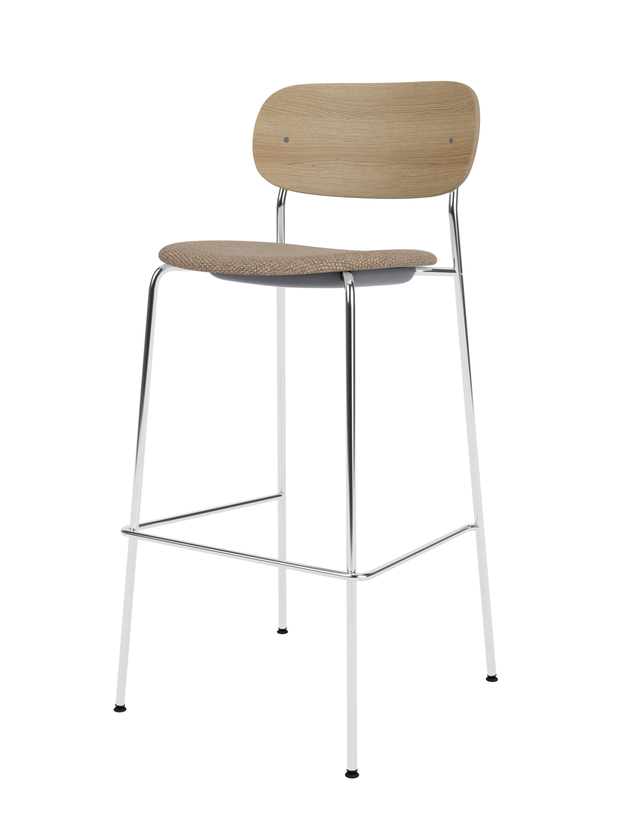 Co Bar Chair with a natural oak back and Logan Flint upholstered seat on a slender chrome steel frame.