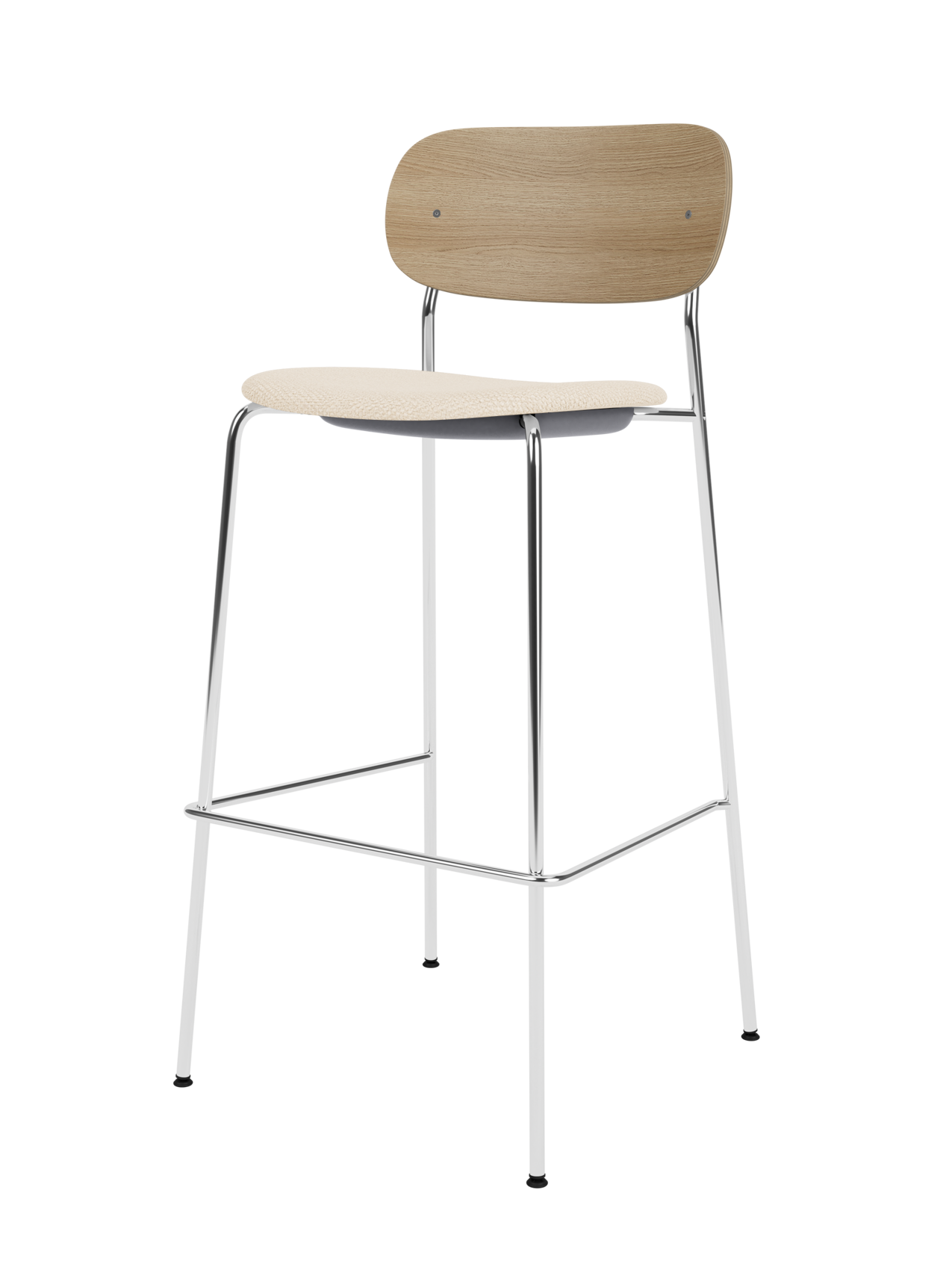 Co Bar Chair with a polished chrome frame, natural oak wood backrest and light Logan Jasmine upholstered seat.