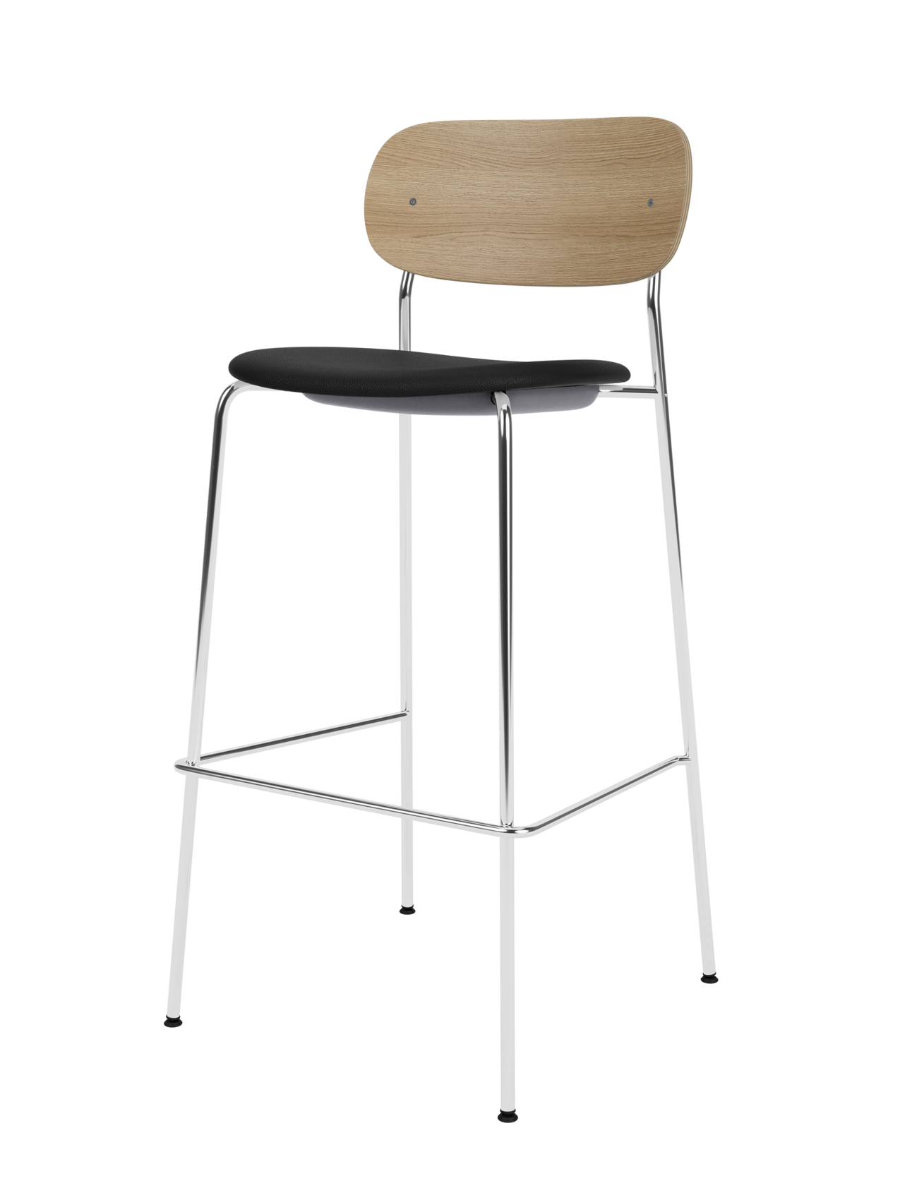 Co Bar Chair with a sleek chrome frame, natural oak wood backrest, and black leather upholstered seat.