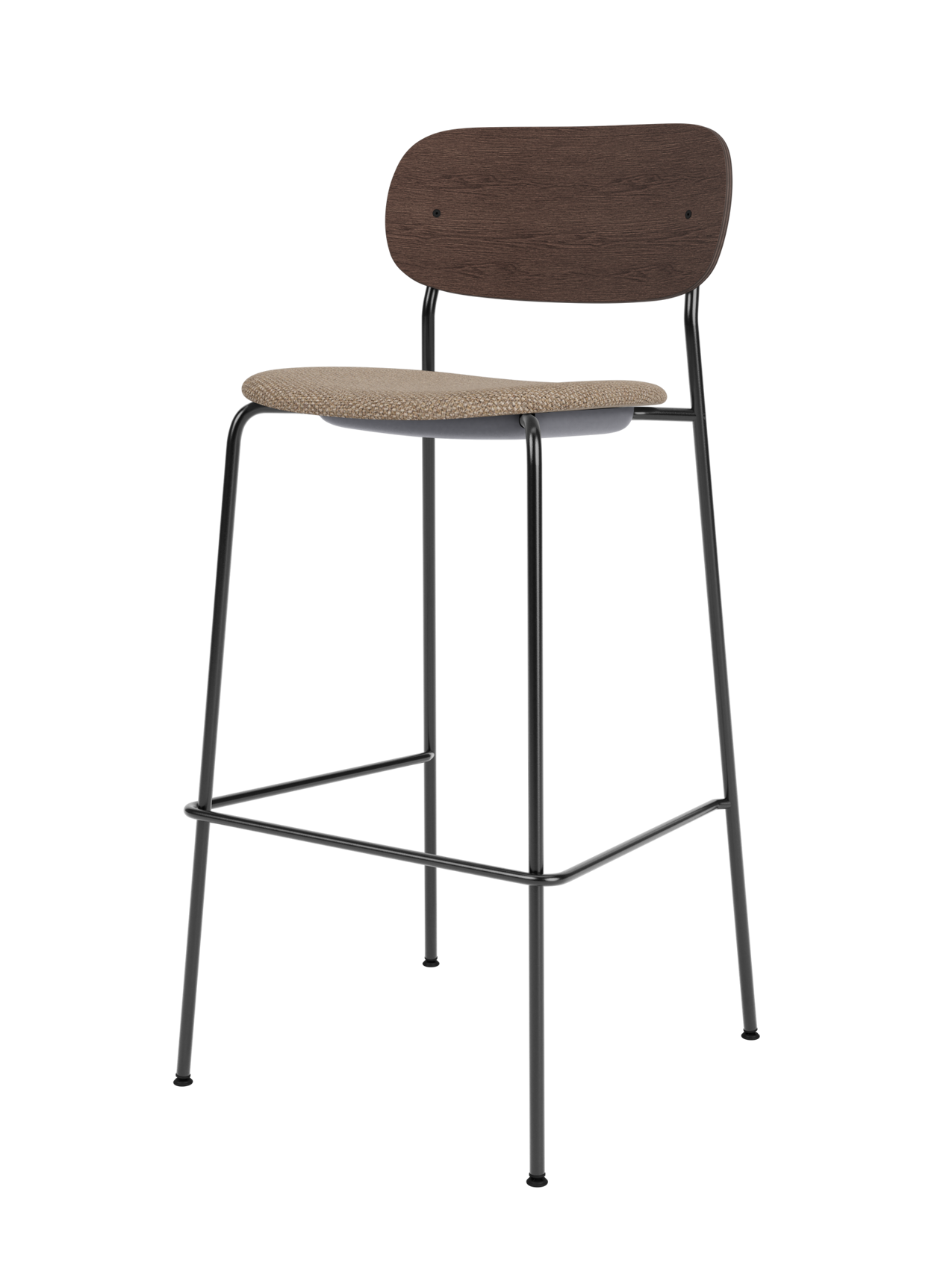 Co Bar Chair with a dark stained oak back and Logan Flint upholstered seat, set on a slender black steel frame.