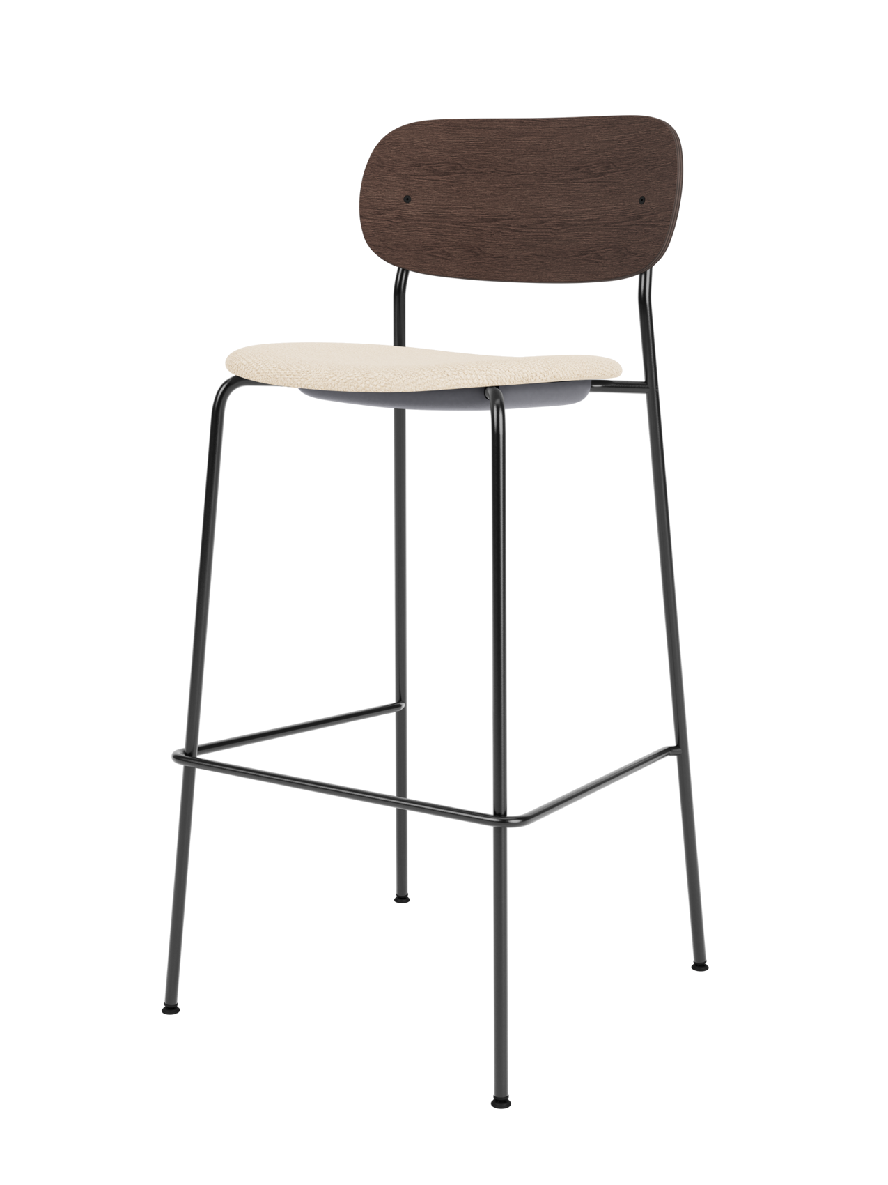 Co Bar Chair with a black steel frame, dark stained oak backrest and Logan Jasmine upholstered seat.
