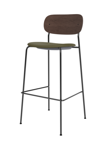 Co Bar Chair with a dark stained oak backrest and olive green Sierra 0441 upholstered seat on a black steel frame.