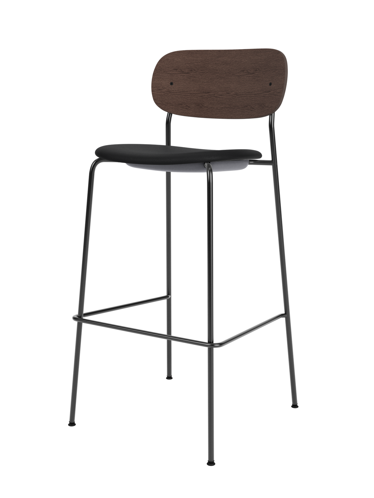 Co Bar Chair with a dark stained oak back, black upholstered seat and slender steel frame with a footrest.