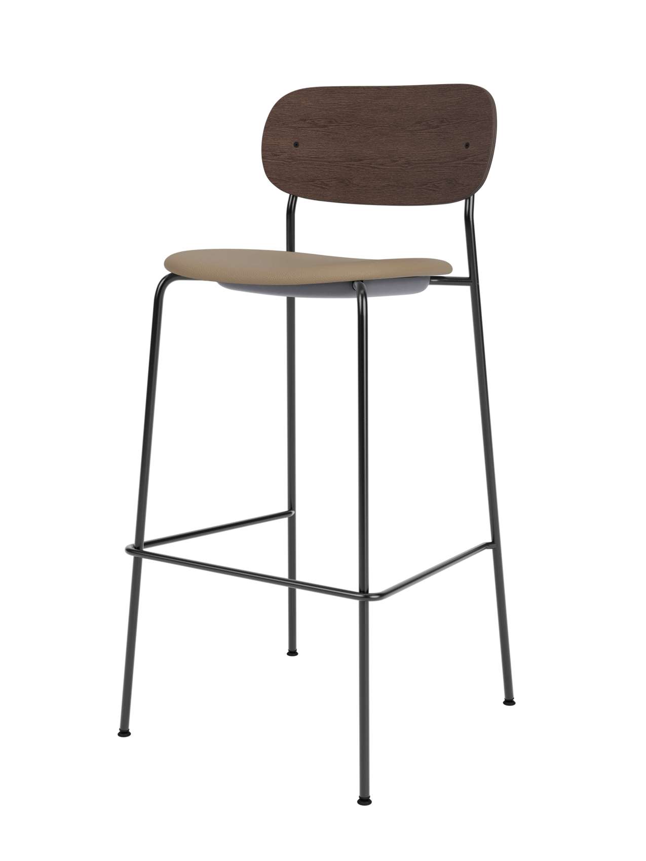 Co Bar Chair in black steel with a dark-stained oak back and tan Sierra 1611 upholstered seat.