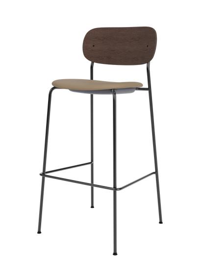 Co Bar Chair in black steel with a dark-stained oak back and tan Sierra 1611 upholstered seat.