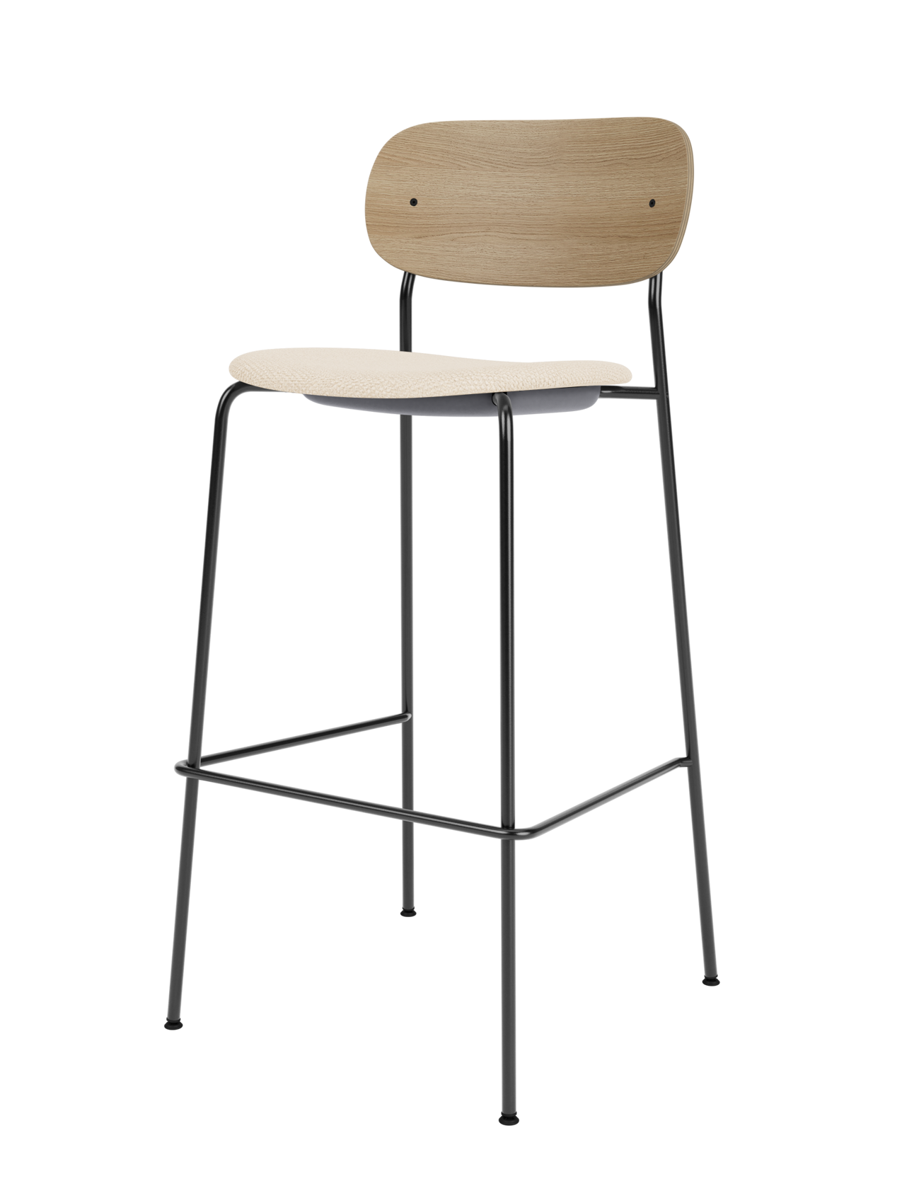 Co Bar Chair with natural oak backrest and Logan Jasmine upholstered seat, set on a slender black steel frame.