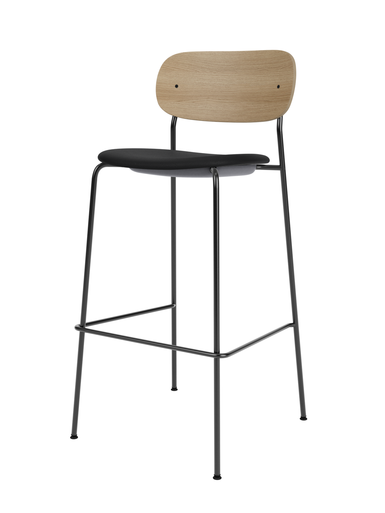 Co Bar Chair with a natural oak backrest and black upholstered seat on a slender black steel frame with footrest.