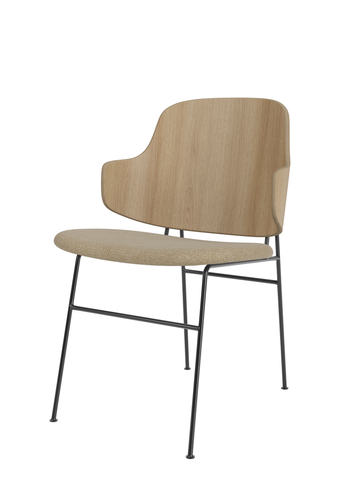 The Penguin Dining Chair with a natural oak back and Audo Bouclé 02 upholstered seat on a slender black steel frame.