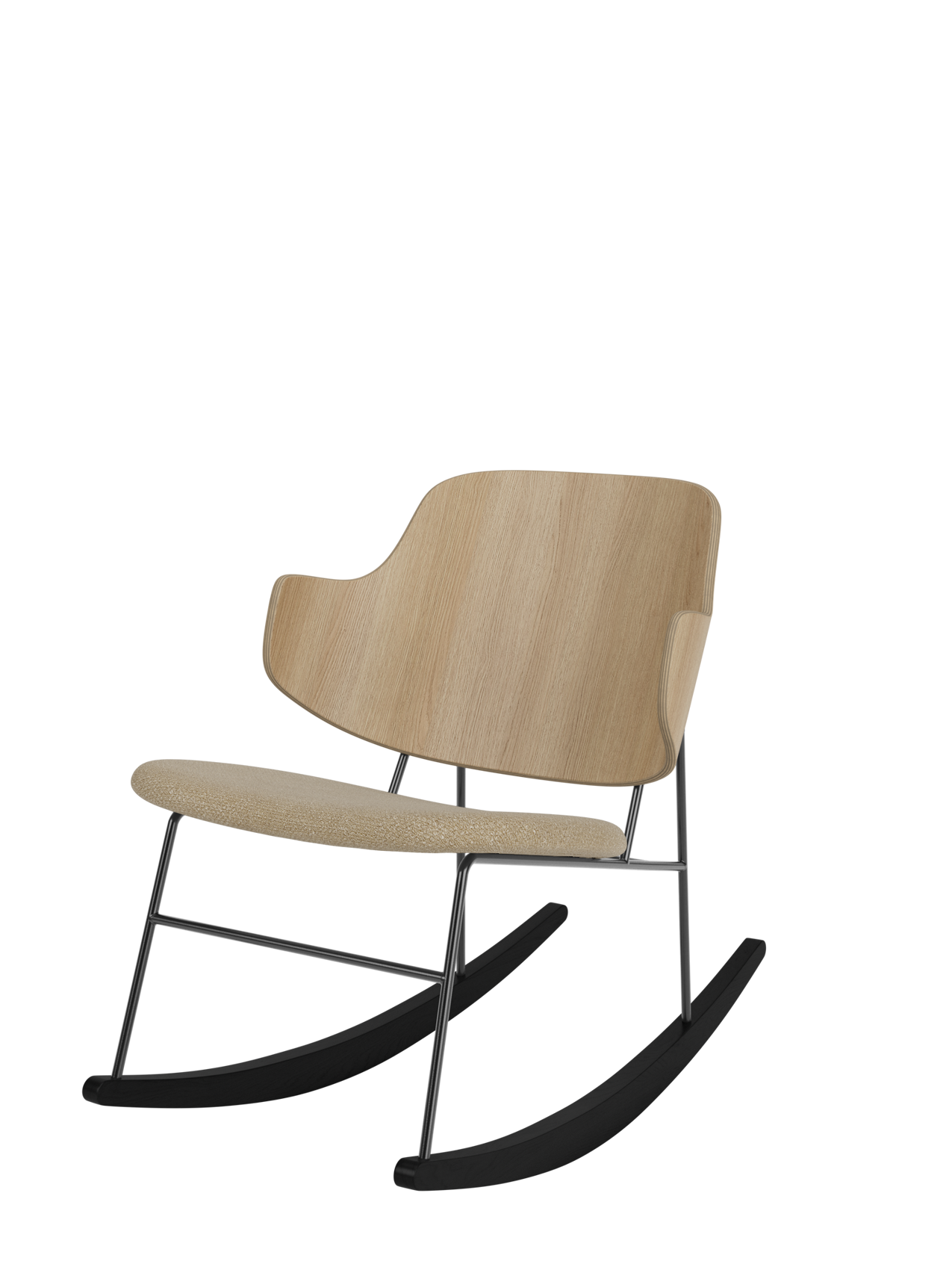 The Penguin Rocking Chair featuring a curved natural oak back and Audo Bouclé seat on a black steel frame.