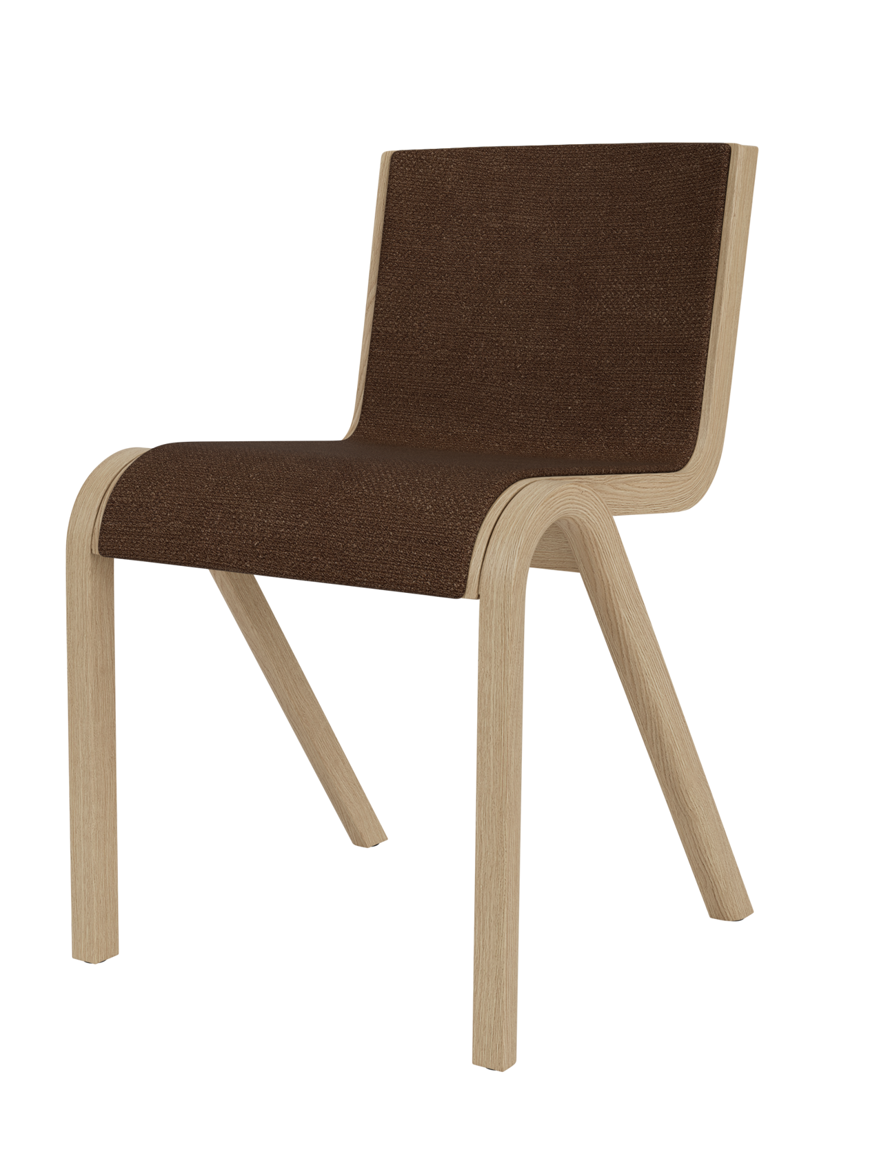 Natural oak Ready Dining Chair featuring a cantilevered frame and dark brown Audo Bouclé 07 front upholstery.