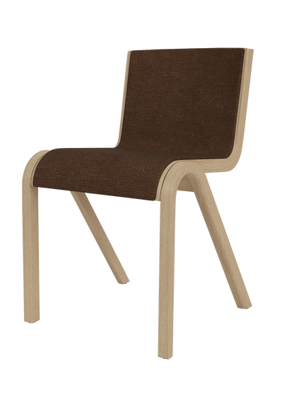 Natural oak Ready Dining Chair featuring a cantilevered frame and dark brown Audo Bouclé 07 front upholstery.