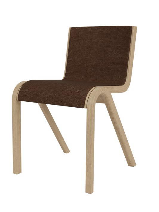 Natural oak Ready Dining Chair featuring a cantilevered frame and dark brown Audo Bouclé 07 front upholstery.