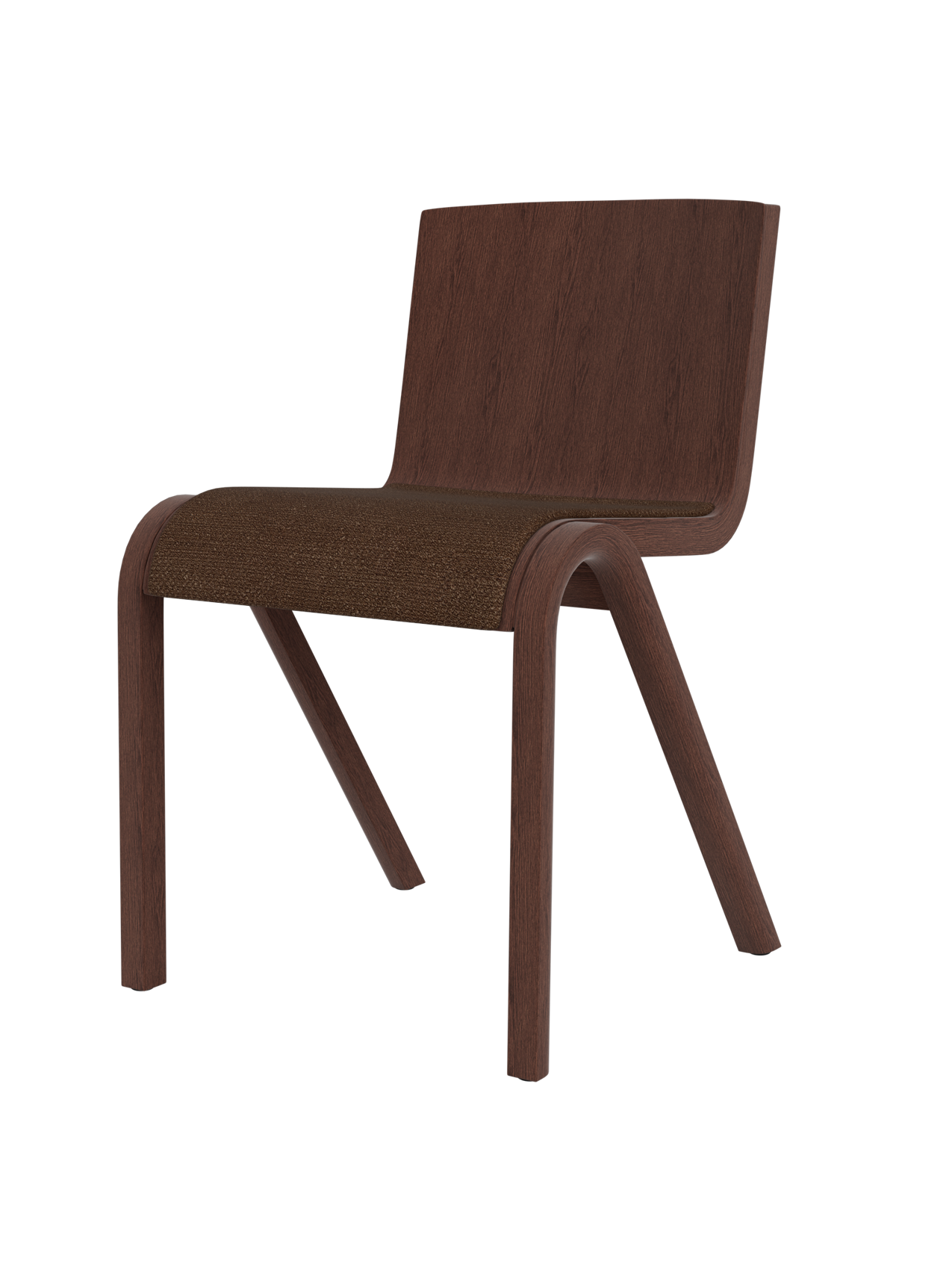 Ready Dining Chair in red stained oak with a brown Audo Bouclé upholstered seat and minimalist cantilevered design.