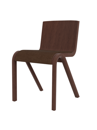 Ready Dining Chair in red stained oak with a brown Audo Bouclé upholstered seat and minimalist cantilevered design.