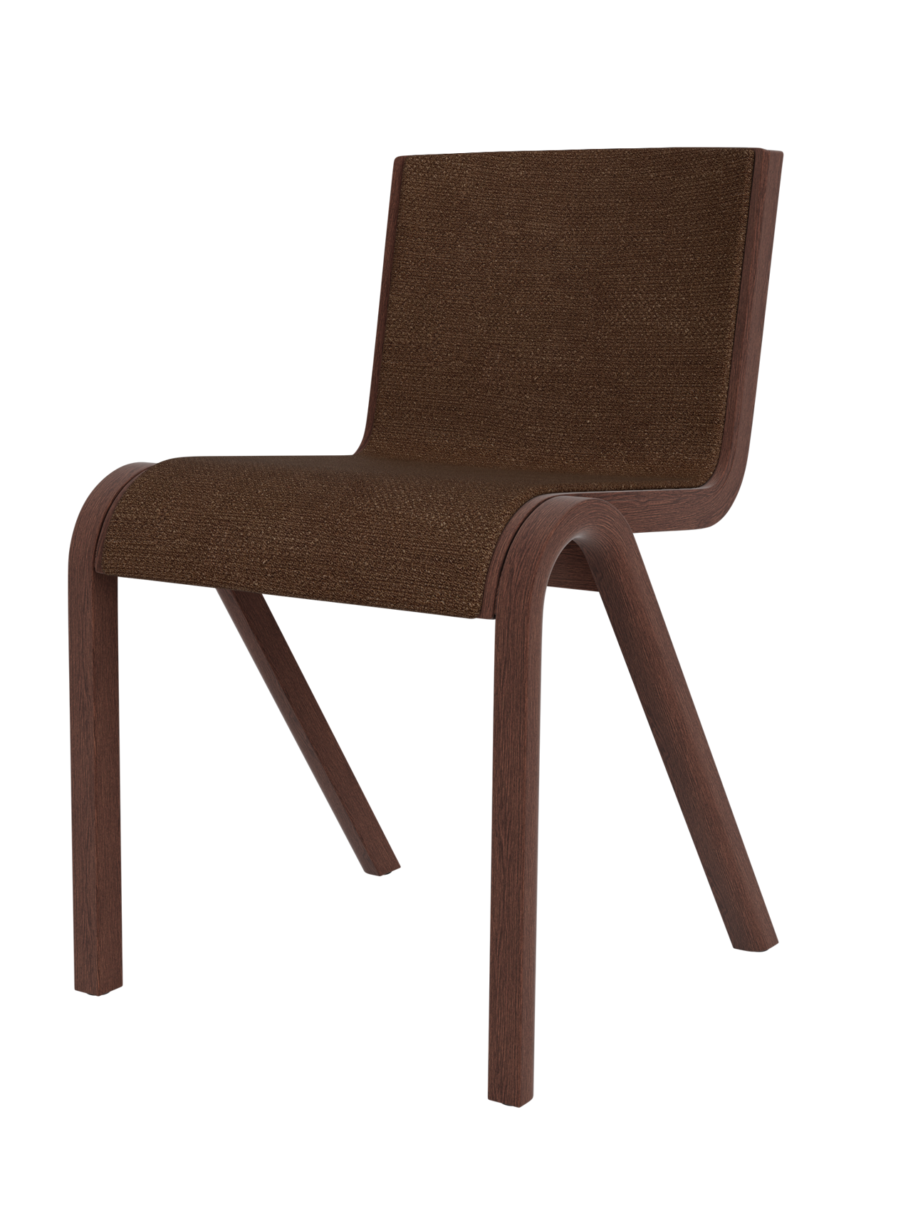 Ready Dining Chair in red stained oak with dark brown Audo Bouclé 07 front upholstery on a white background.