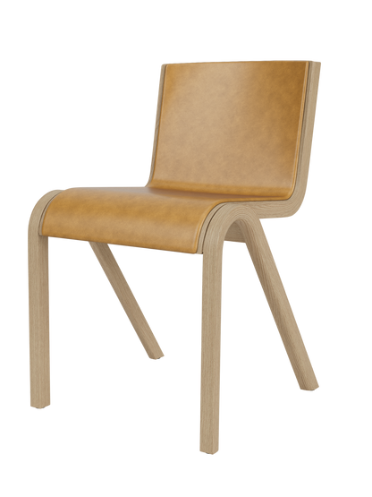 Ready Dining Chair in natural oak with tan Aida upholstery, featuring a minimalist cantilevered wood frame.