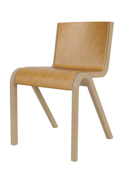 Ready Dining Chair in natural oak with tan Aida upholstery, featuring a minimalist cantilevered wood frame.
