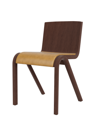 Ready Dining Chair in red stained oak with a tan Aida upholstered seat and a modern, cantilevered silhouette.