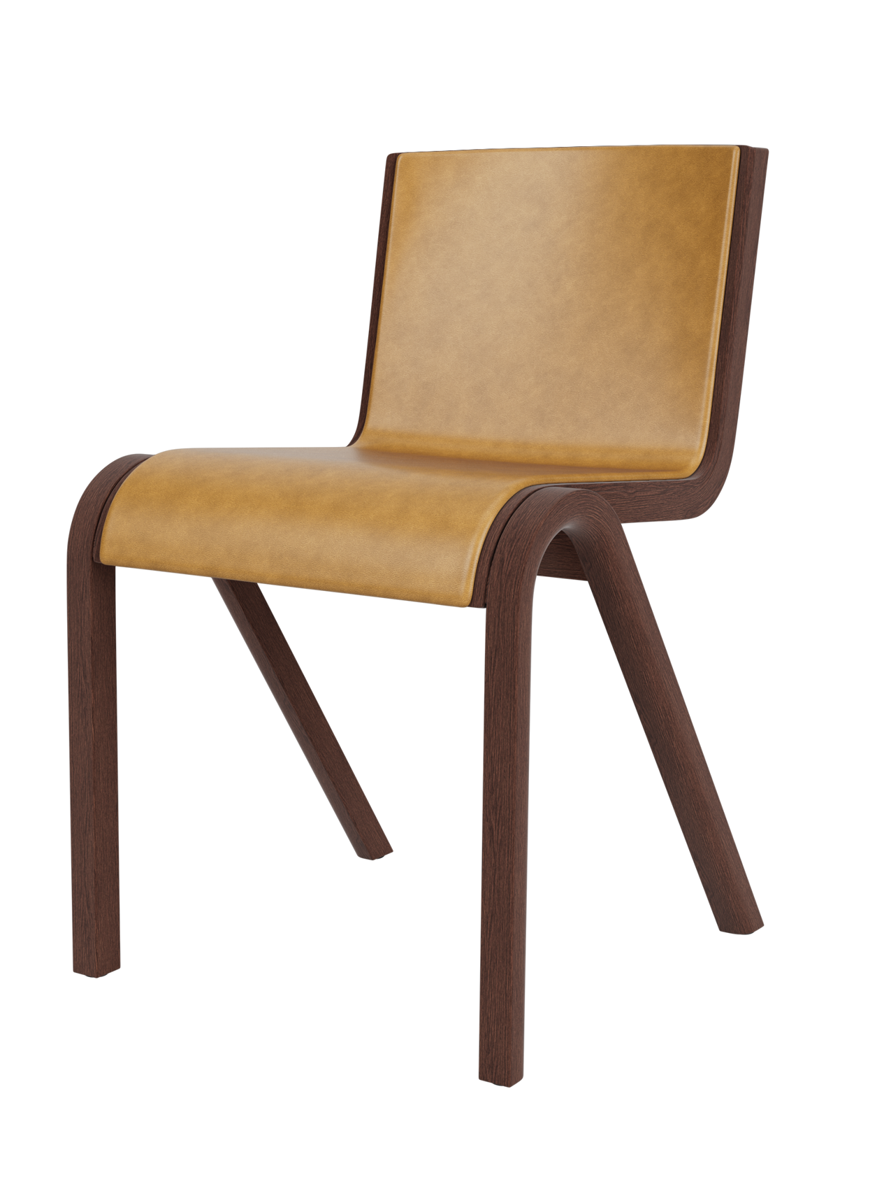 Ready Dining Chair, Front Upholstered in tan Aida 0250 fabric with a red stained oak cantilevered frame.