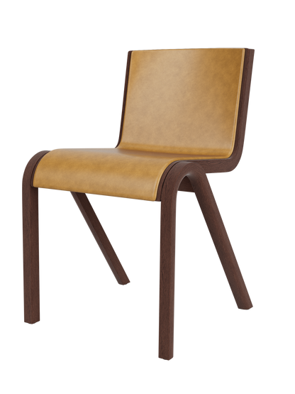 Ready Dining Chair, Front Upholstered in tan Aida 0250 fabric with a red stained oak cantilevered frame.